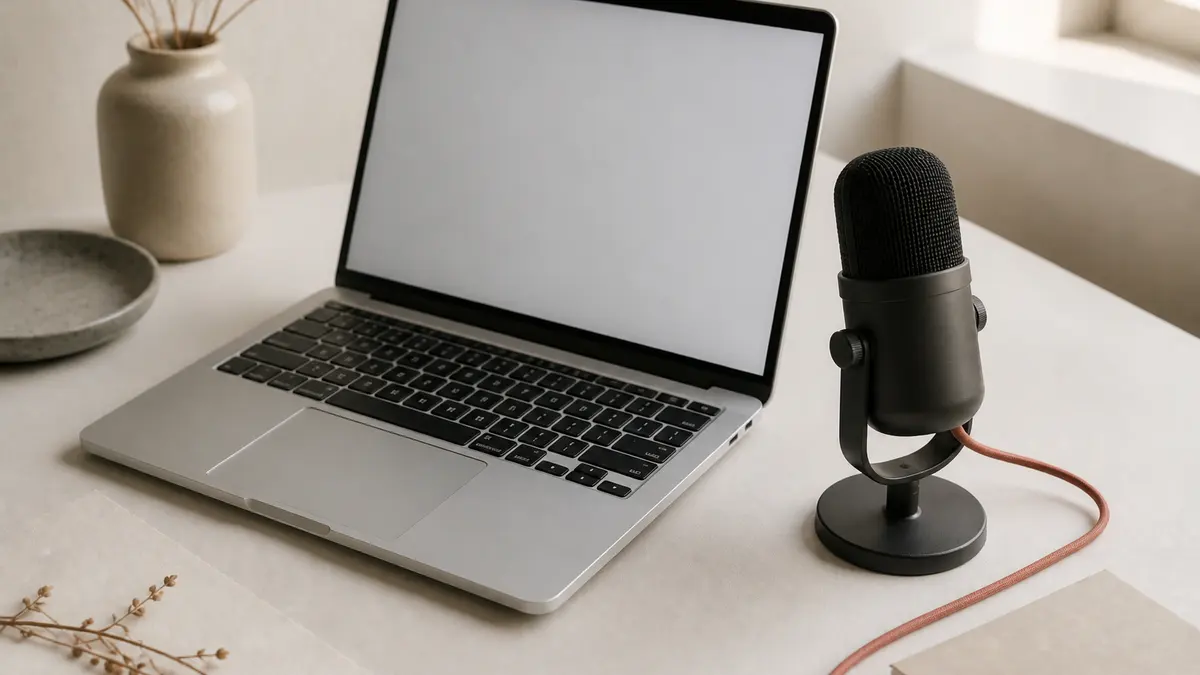 Desk still life for a microphone check: USB microphone on a light surface