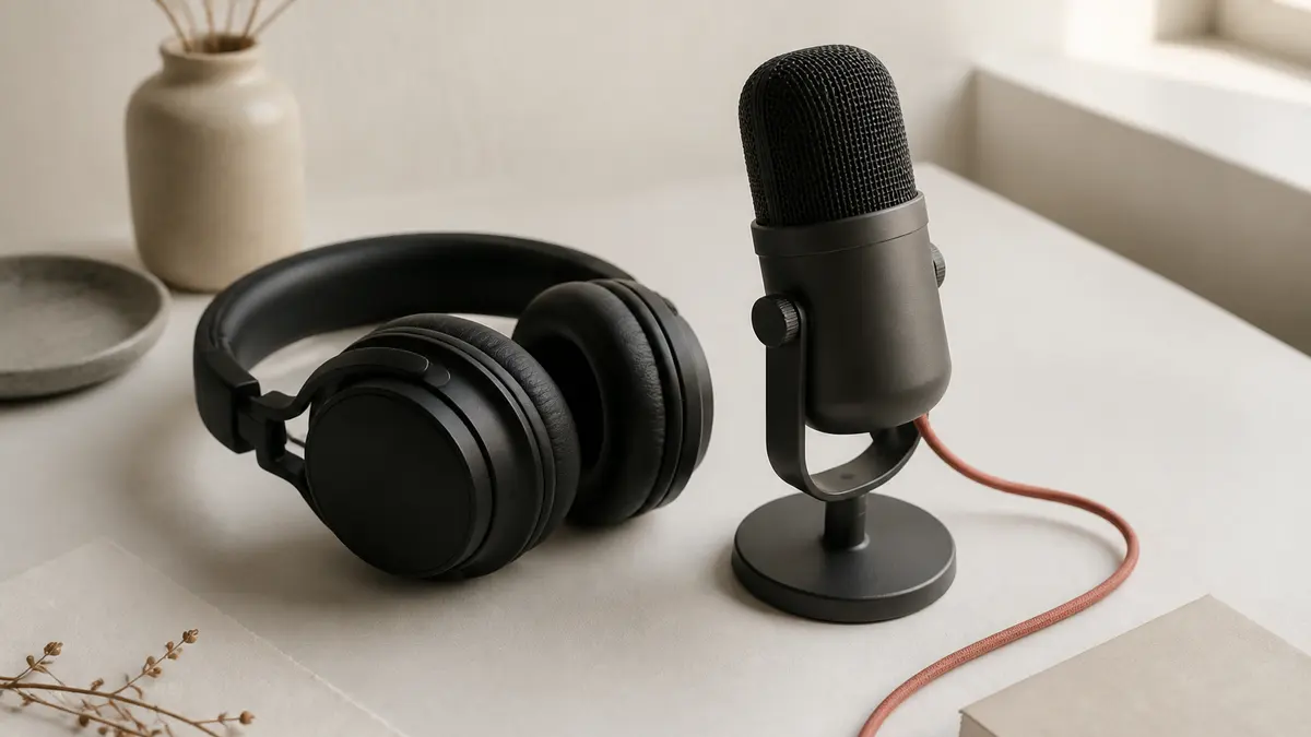 Charcoal USB microphone and over-ear headphones on a light desk