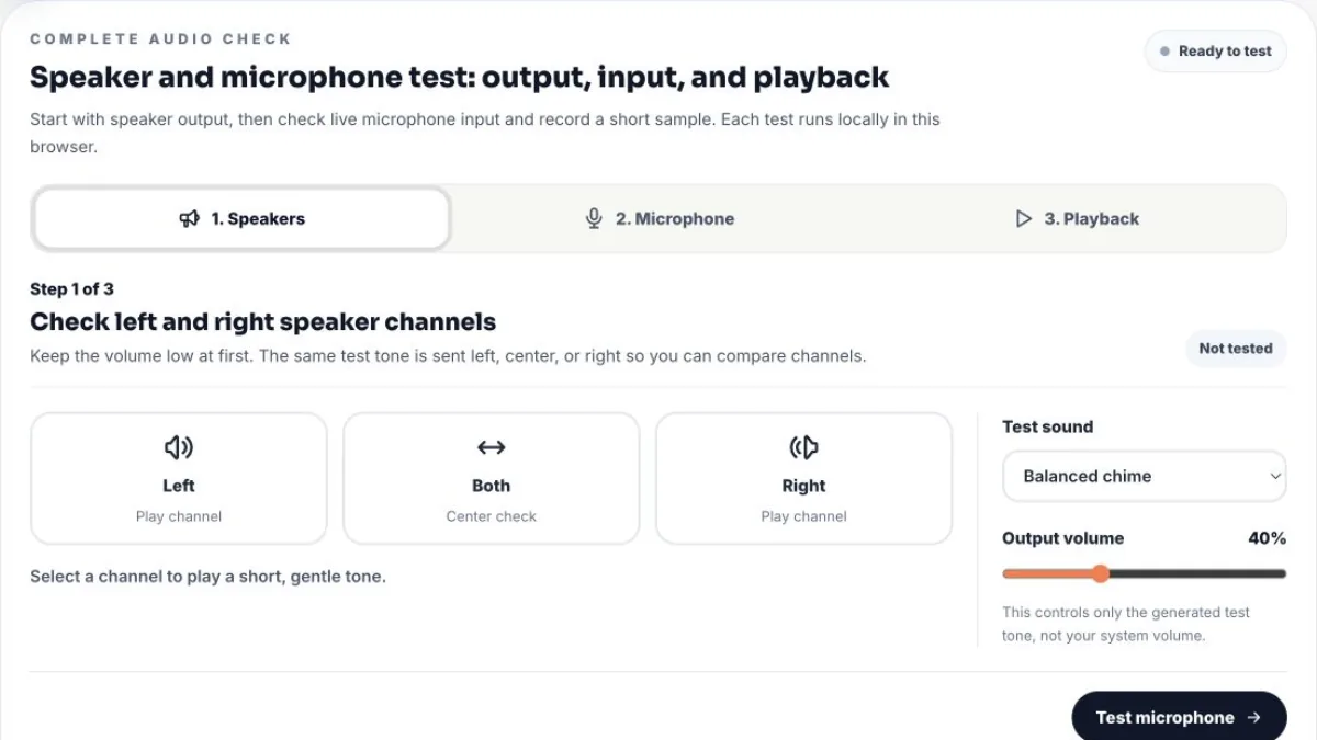 Left, both, and right channel controls in the online speaker test