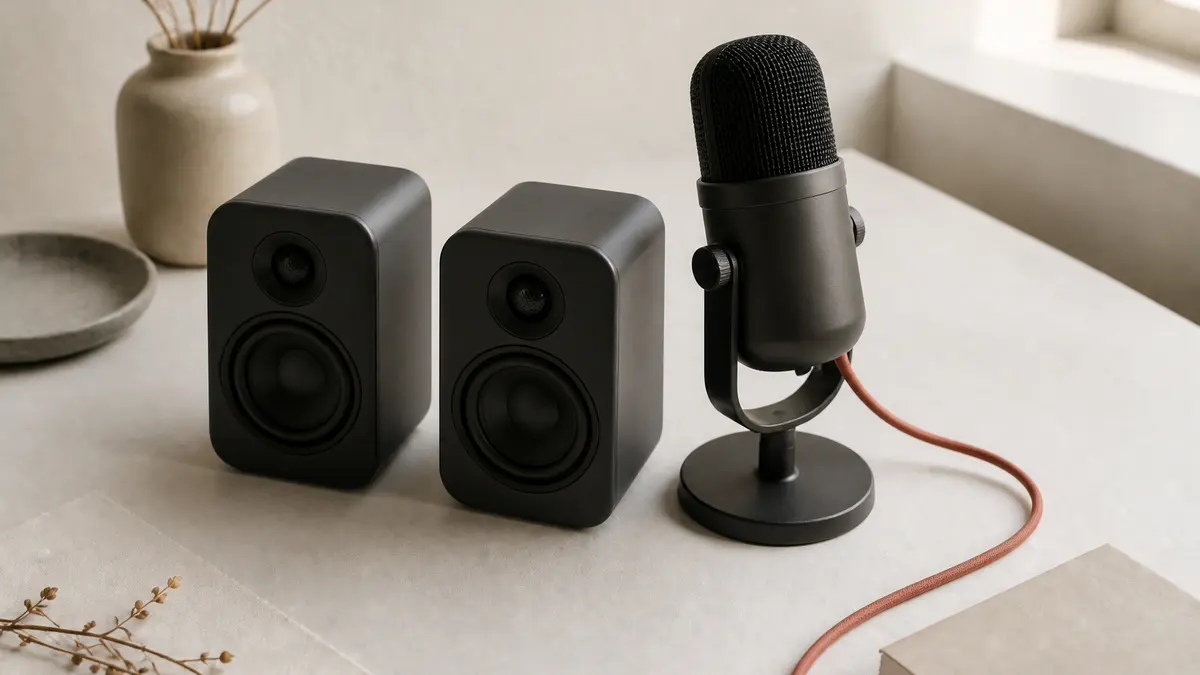 Two compact desktop speakers and a USB microphone on a light desk